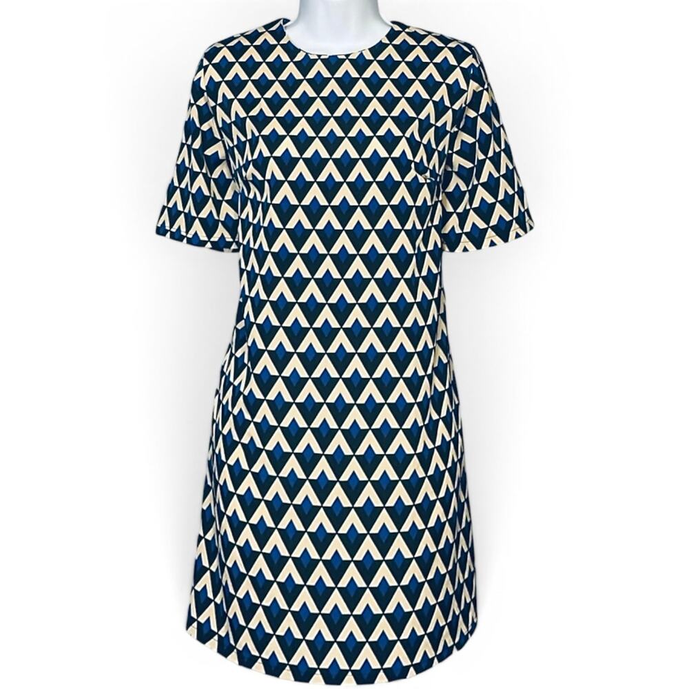 Runway Story Mod Shift Dress Size M Blue Ivory Geometric 60s Retro Mini NWT